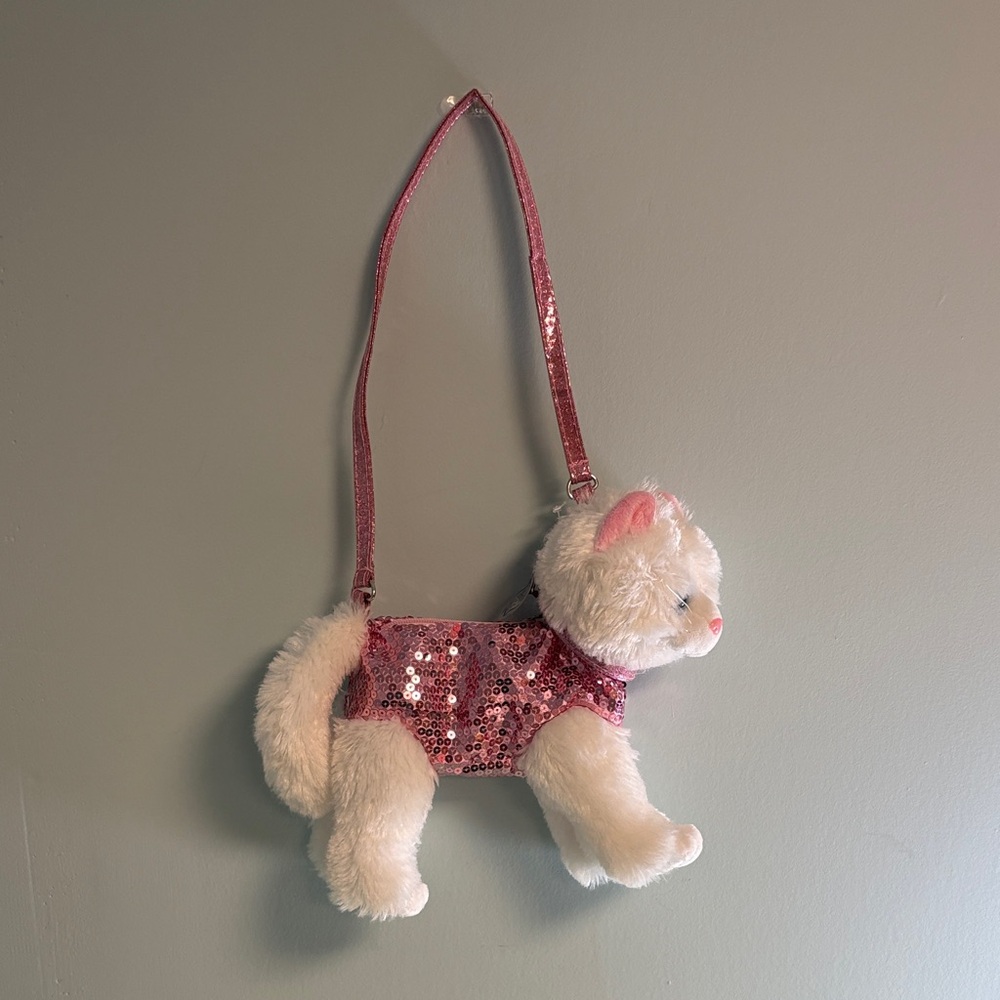 Poochie & Co White Plush with Pink Sequence Cat Plush Bag Purse, Kids Purse